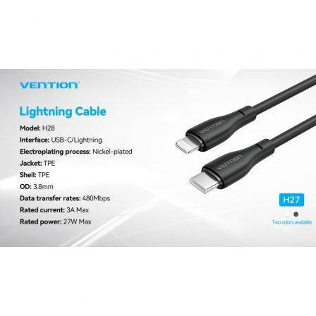 Vention Cable USB Tipo-C a Lightning H28BF, 27W, 1m, Negro Vention Cable USB Tipo-C a Lightning H28BF, 27W, 1m, Negro